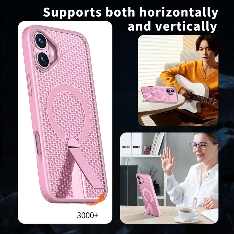 For iPhone 16 Magnetic Case Kickstand Grid Texture TPU PC Phone Back Cover - Pink