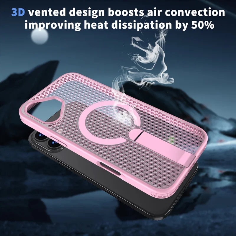 For iPhone 16 Magnetic Case Kickstand Grid Texture TPU PC Phone Back Cover - Pink