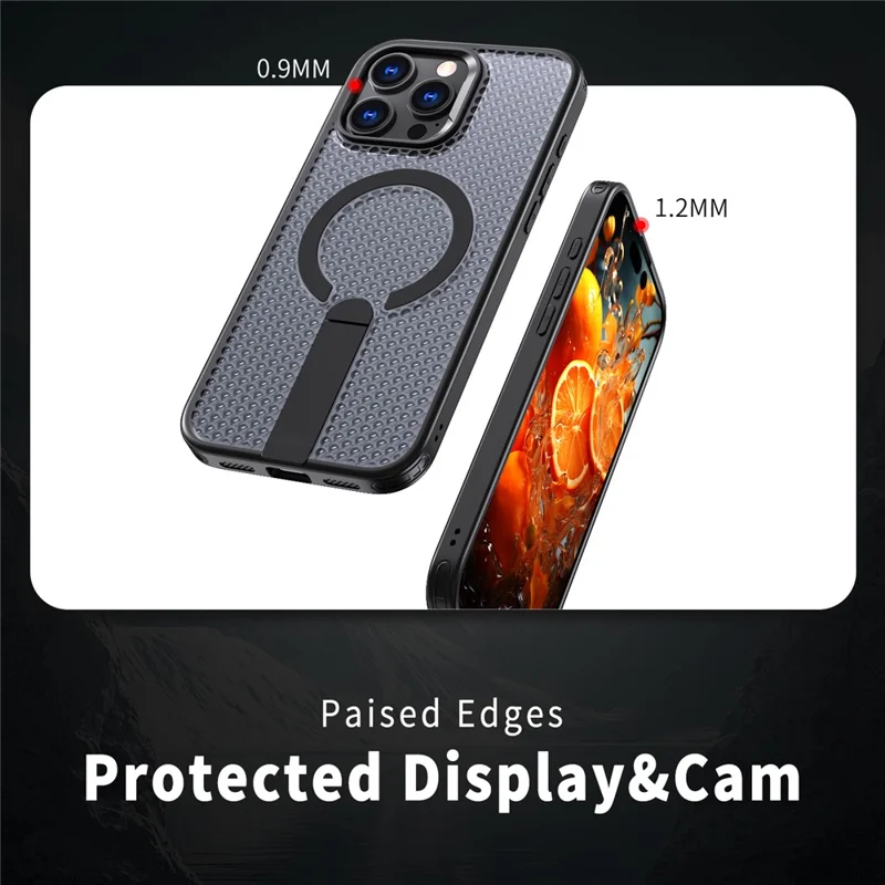 For iPhone 16 Pro Max Magnetic Case Kickstand Grid Texture TPU PC Phone Back Cover - Black