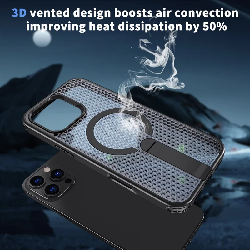 For iPhone 16 Pro Max Magnetic Case Kickstand Grid Texture TPU PC Phone Back Cover - Black