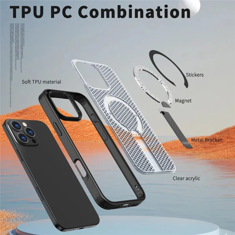 For iPhone 16 Pro Max Magnetic Case Kickstand Grid Texture TPU PC Phone Back Cover - Black