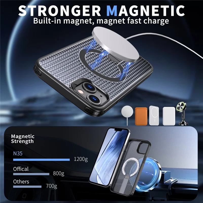 For iPhone 15 Magnetic Case Kickstand Grid Texture TPU PC Phone Back Cover - Black