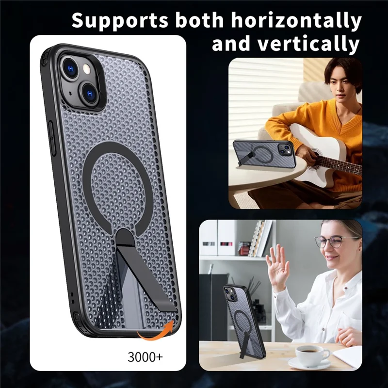 For iPhone 15 Magnetic Case Kickstand Grid Texture TPU PC Phone Back Cover - Black