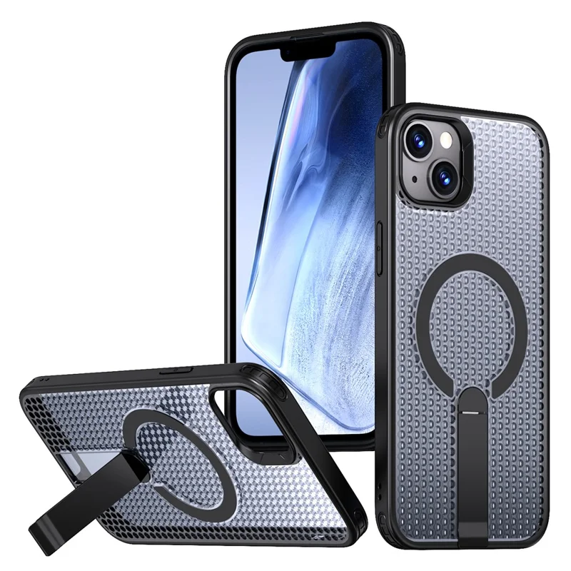For iPhone 14  /  13 Magnetic Case Kickstand Grid Texture TPU PC Phone Back Cover - Black