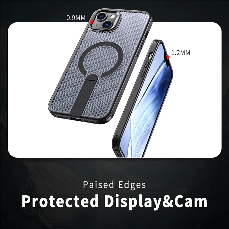 For iPhone 14  /  13 Magnetic Case Kickstand Grid Texture TPU PC Phone Back Cover - Black