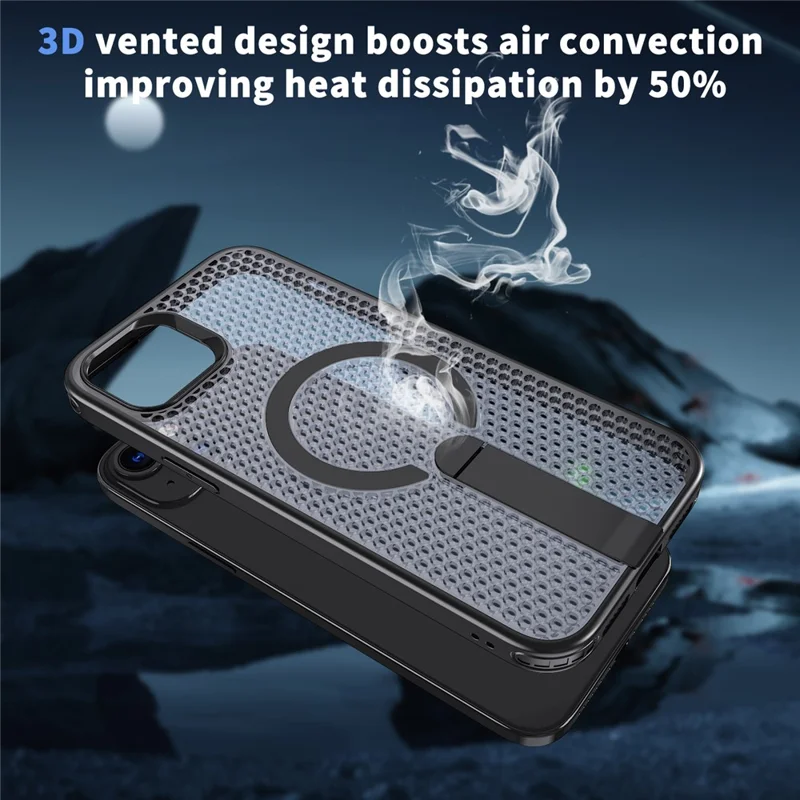 For iPhone 14  /  13 Magnetic Case Kickstand Grid Texture TPU PC Phone Back Cover - Black
