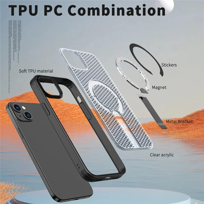 For iPhone 14  /  13 Magnetic Case Kickstand Grid Texture TPU PC Phone Back Cover - Black