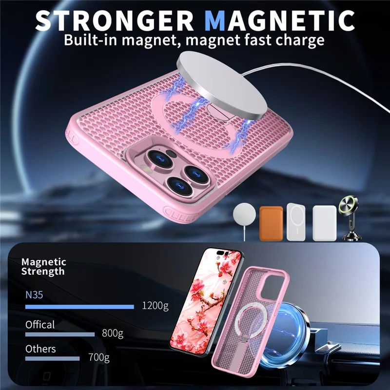 For iPhone 14 Pro Magnetic Case Kickstand Grid Texture TPU PC Phone Back Cover - Pink