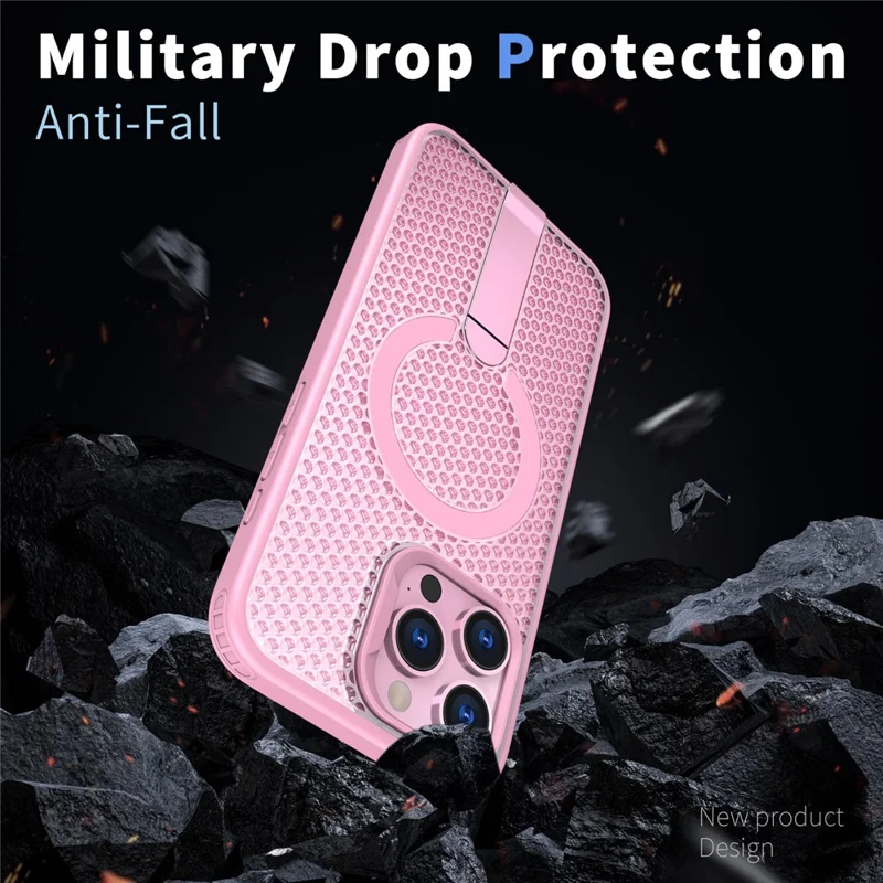 For iPhone 14 Pro Magnetic Case Kickstand Grid Texture TPU PC Phone Back Cover - Pink