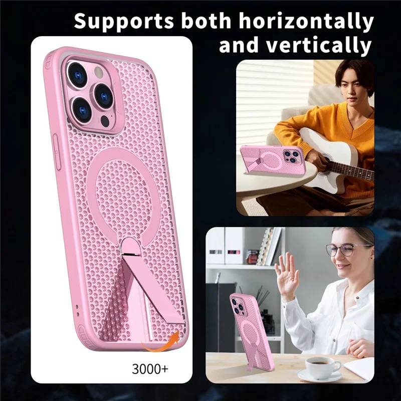 For iPhone 14 Pro Magnetic Case Kickstand Grid Texture TPU PC Phone Back Cover - Pink