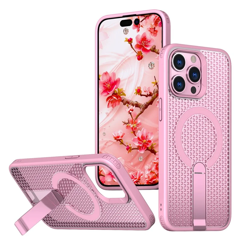 For iPhone 14 Pro Max Magnetic Case Kickstand Grid Texture TPU PC Phone Back Cover - Pink