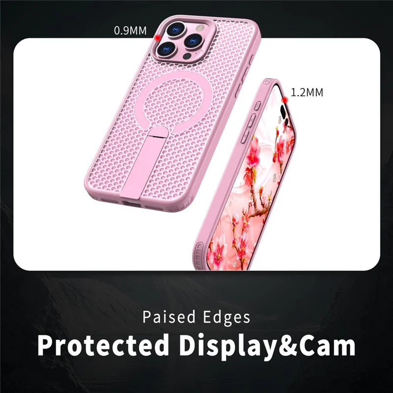 For iPhone 14 Pro Max Magnetic Case Kickstand Grid Texture TPU PC Phone Back Cover - Pink