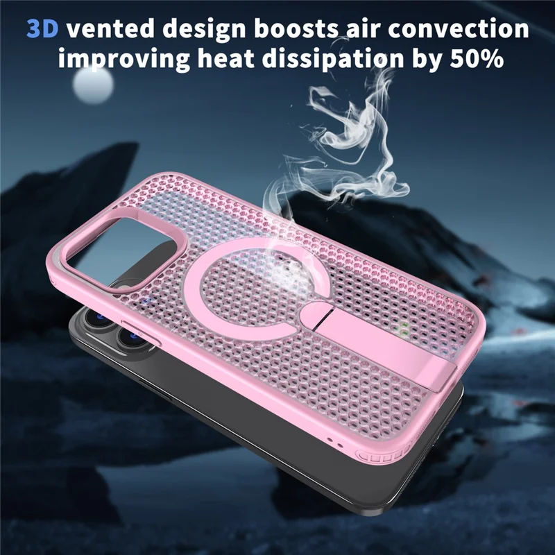 For iPhone 14 Pro Max Magnetic Case Kickstand Grid Texture TPU PC Phone Back Cover - Pink