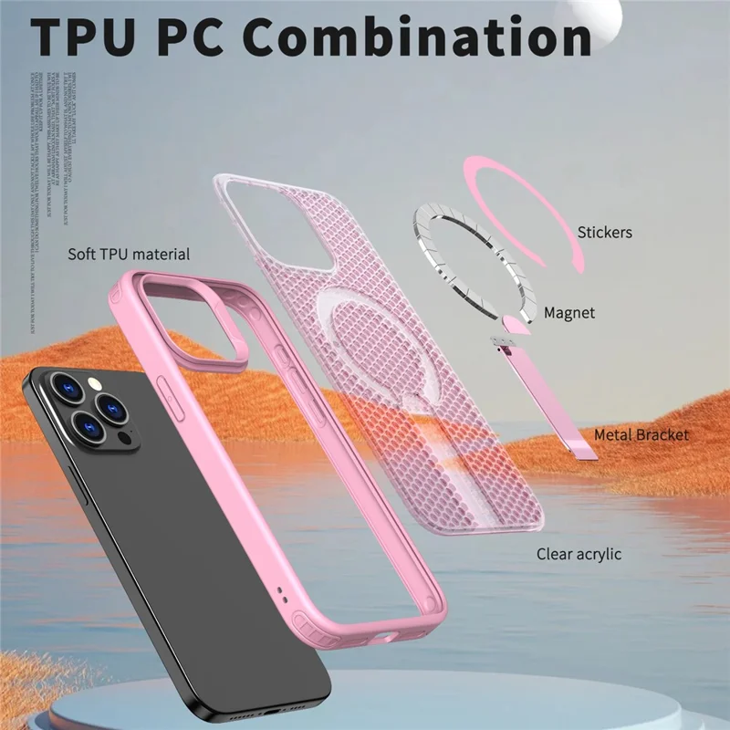 For iPhone 14 Pro Max Magnetic Case Kickstand Grid Texture TPU PC Phone Back Cover - Pink