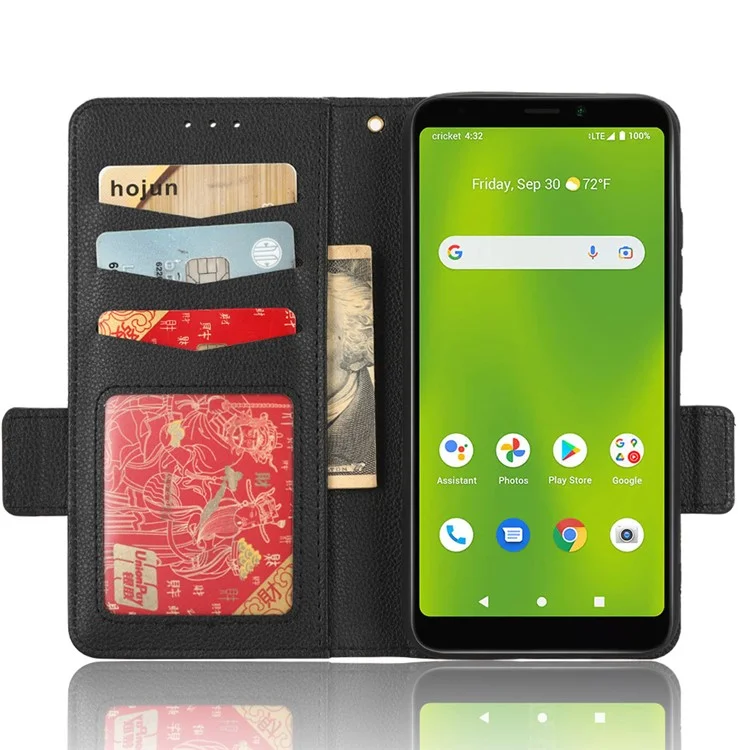 Für Cricket -ikon 4 PU Leder Dual Magnetic Clasp Flip Folio Phone Hülle Wallet Stand Litchi Textur Schockdcover - Schwarz