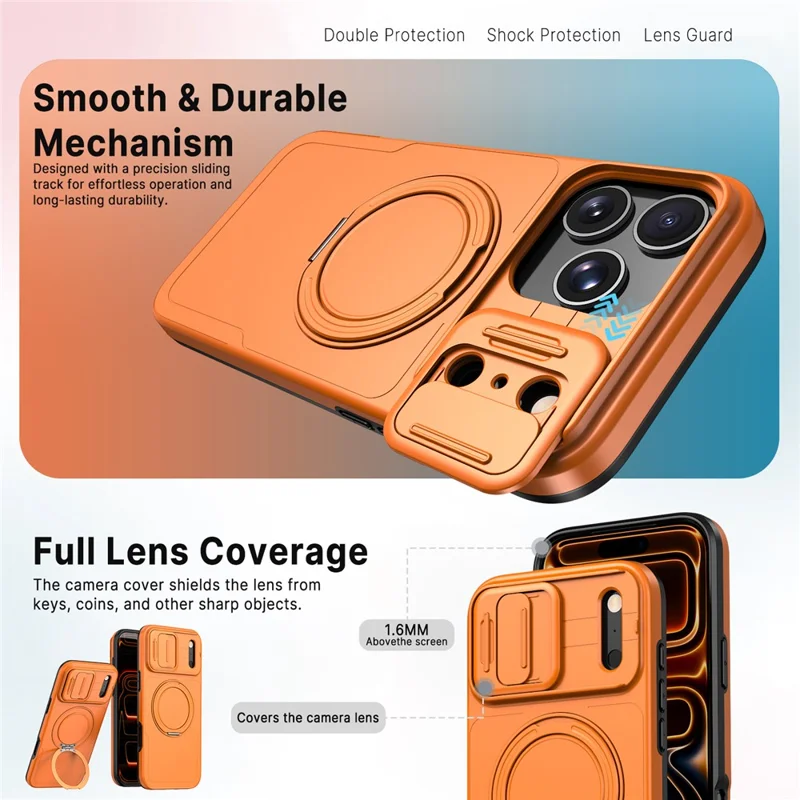 للهاتف iPhone 18 Pro Max / 17 Pro Max غطاء واقي مغناطيسي بمسند قابل للطي وغطاء كاميرا منزلق واقي من الصدمات مصنوع من مادة البولي كربونات + TPU - برتقالي
