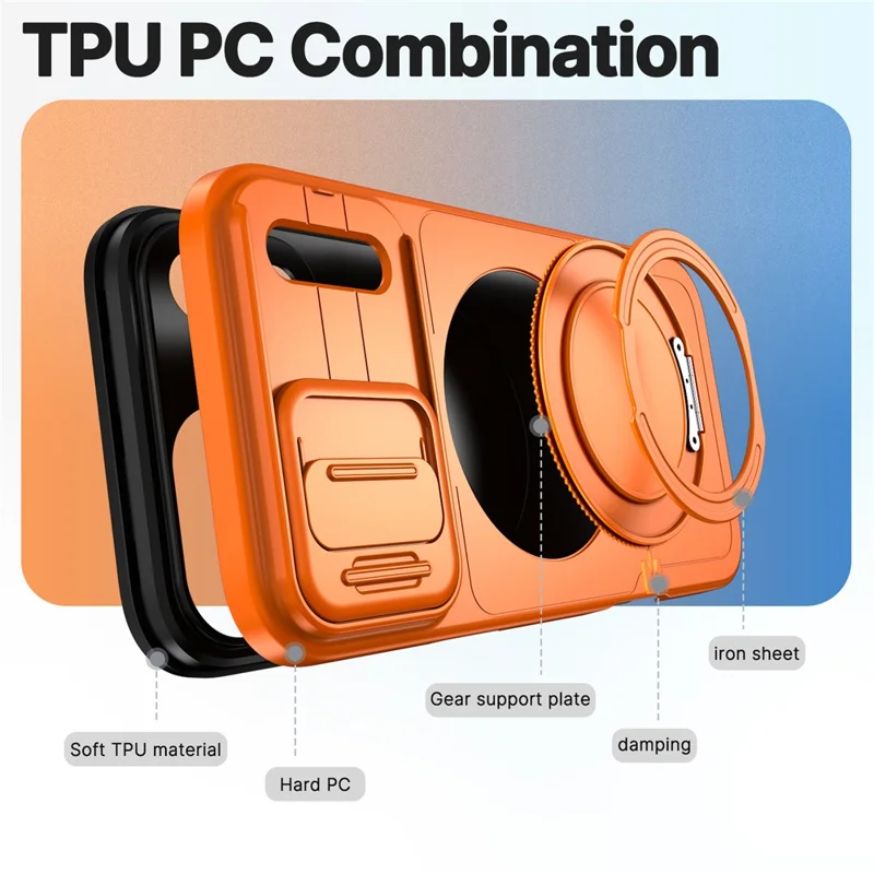 للهاتف iPhone 18 Pro Max / 17 Pro Max غطاء واقي مغناطيسي بمسند قابل للطي وغطاء كاميرا منزلق واقي من الصدمات مصنوع من مادة البولي كربونات + TPU - برتقالي