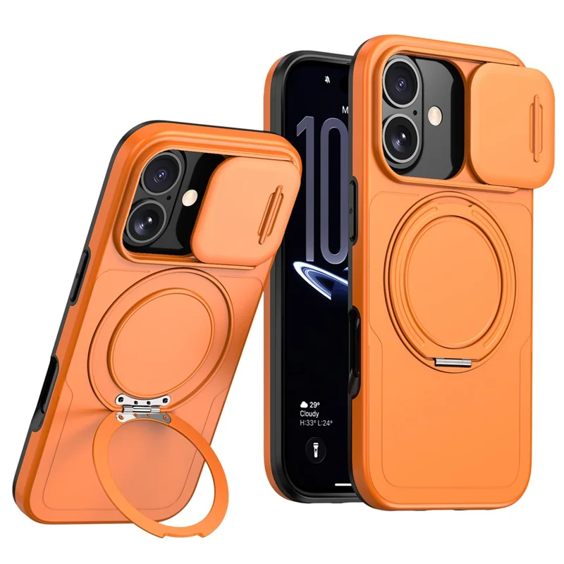 For iPhone 17 Case Magnetic Kickstand Sliding Camera Cover Shockproof PC + TPU Phone Shell - Orange