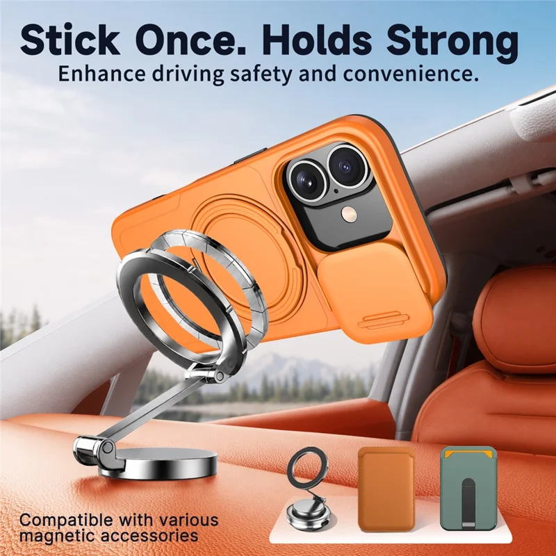 For iPhone 17 Case Magnetic Kickstand Sliding Camera Cover Shockproof PC + TPU Phone Shell - Orange