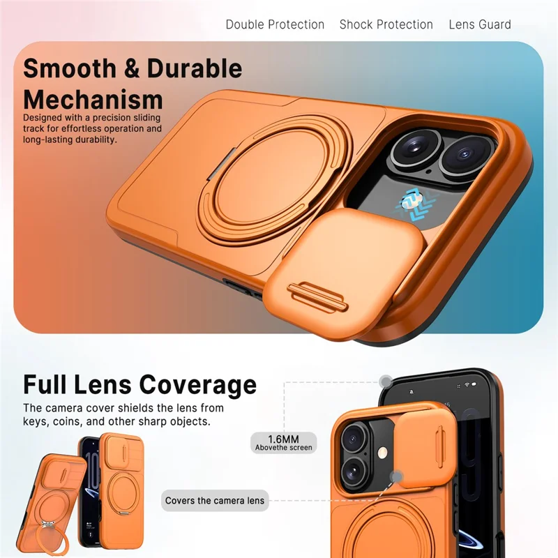 For iPhone 17 Case Magnetic Kickstand Sliding Camera Cover Shockproof PC + TPU Phone Shell - Orange