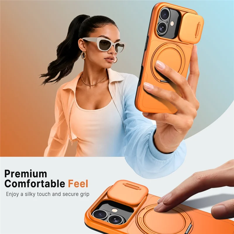 For iPhone 17 Case Magnetic Kickstand Sliding Camera Cover Shockproof PC + TPU Phone Shell - Orange