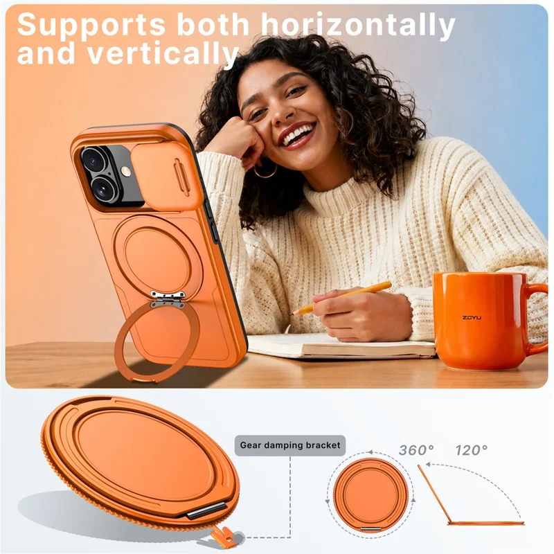 For iPhone 17 Case Magnetic Kickstand Sliding Camera Cover Shockproof PC + TPU Phone Shell - Orange