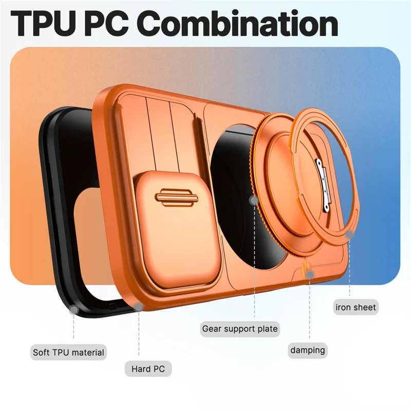 For iPhone 17 Case Magnetic Kickstand Sliding Camera Cover Shockproof PC + TPU Phone Shell - Orange