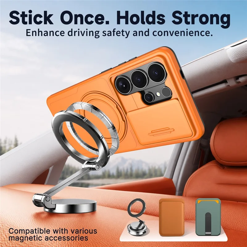 For Samsung Galaxy S24 Ultra Case Magnetic Kickstand Sliding Camera Cover Shockproof PC + TPU Phone Shell - Orange