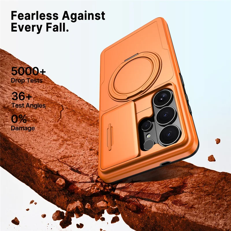 For Samsung Galaxy S24 Ultra Case Magnetic Kickstand Sliding Camera Cover Shockproof PC + TPU Phone Shell - Orange