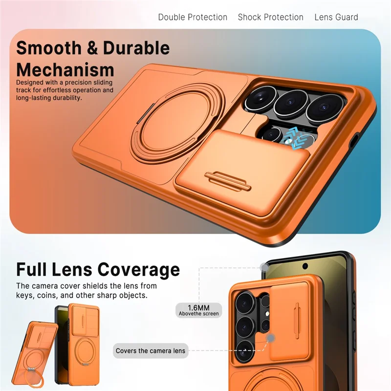 For Samsung Galaxy S24 Ultra Case Magnetic Kickstand Sliding Camera Cover Shockproof PC + TPU Phone Shell - Orange