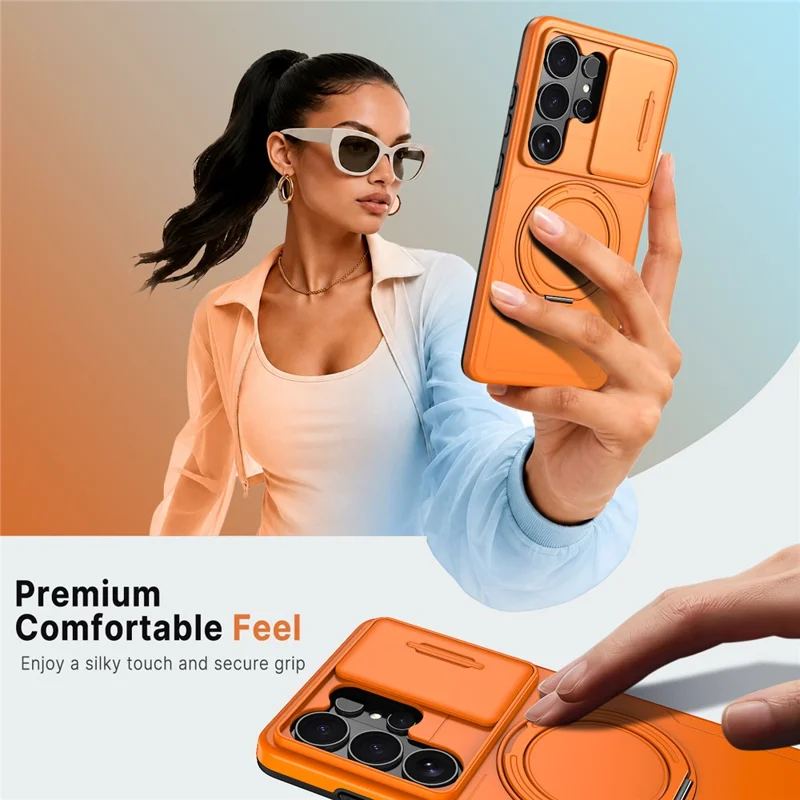 For Samsung Galaxy S24 Ultra Case Magnetic Kickstand Sliding Camera Cover Shockproof PC + TPU Phone Shell - Orange