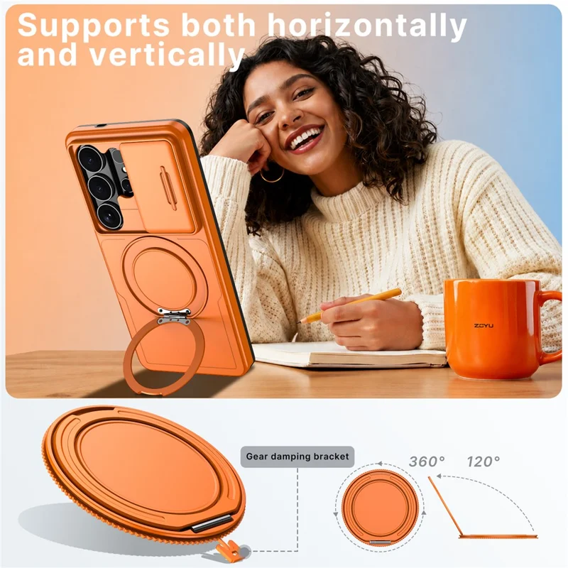For Samsung Galaxy S24 Ultra Case Magnetic Kickstand Sliding Camera Cover Shockproof PC + TPU Phone Shell - Orange