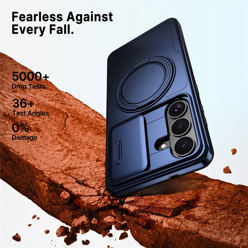 For Samsung Galaxy S26 FE / S25 FE Case Magnetic Kickstand Sliding Camera Cover Shockproof PC + TPU Phone Shell - Blue