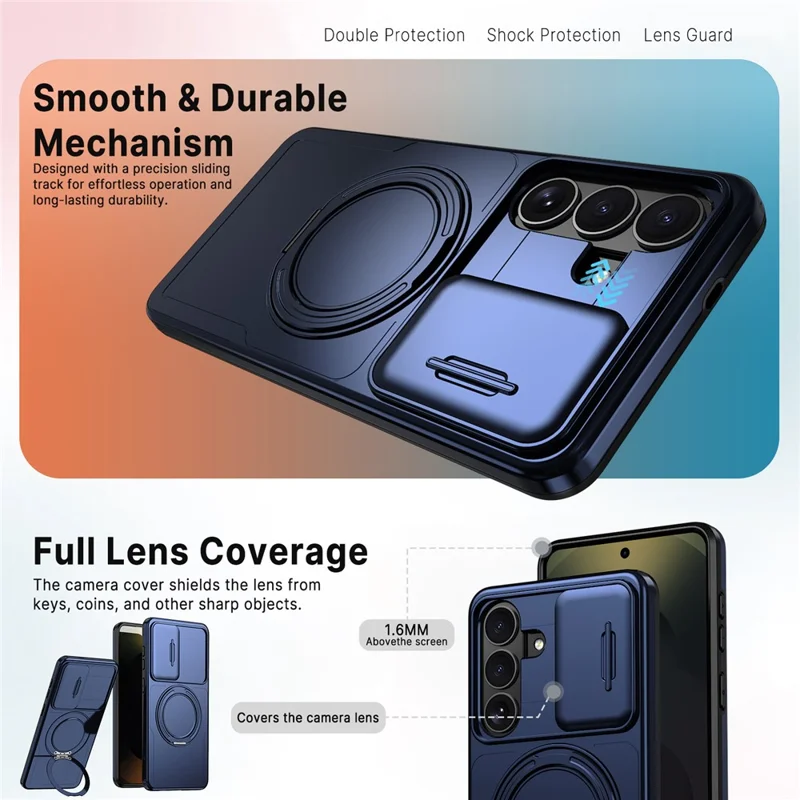 For Samsung Galaxy S26 FE / S25 FE Case Magnetic Kickstand Sliding Camera Cover Shockproof PC + TPU Phone Shell - Blue