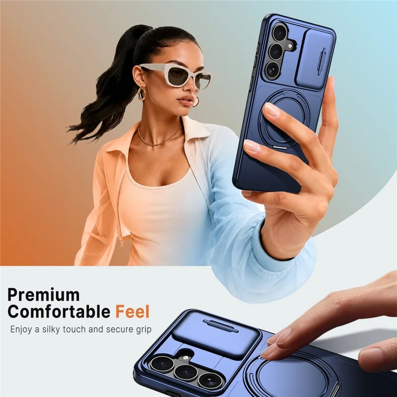 For Samsung Galaxy S26 FE / S25 FE Case Magnetic Kickstand Sliding Camera Cover Shockproof PC + TPU Phone Shell - Blue