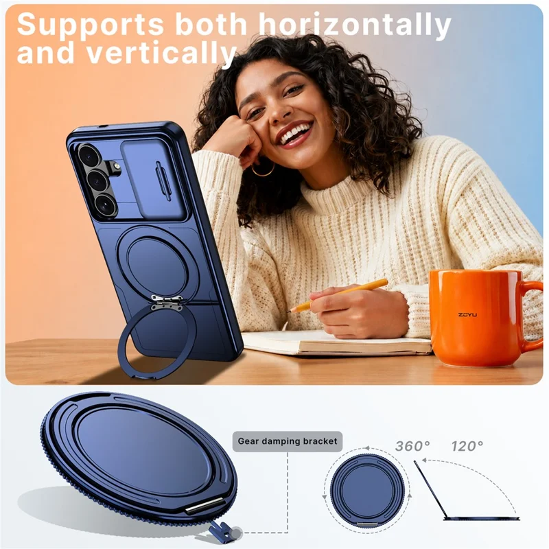 For Samsung Galaxy S26 FE / S25 FE Case Magnetic Kickstand Sliding Camera Cover Shockproof PC + TPU Phone Shell - Blue