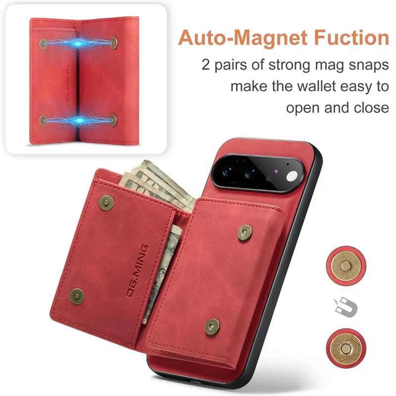 DG.MING M1 Series for Google Pixel 11 Pro Phone Case PU + TPU + PC Back Cover with Magnetic Tri-Fold Wallet Kickstand - Red