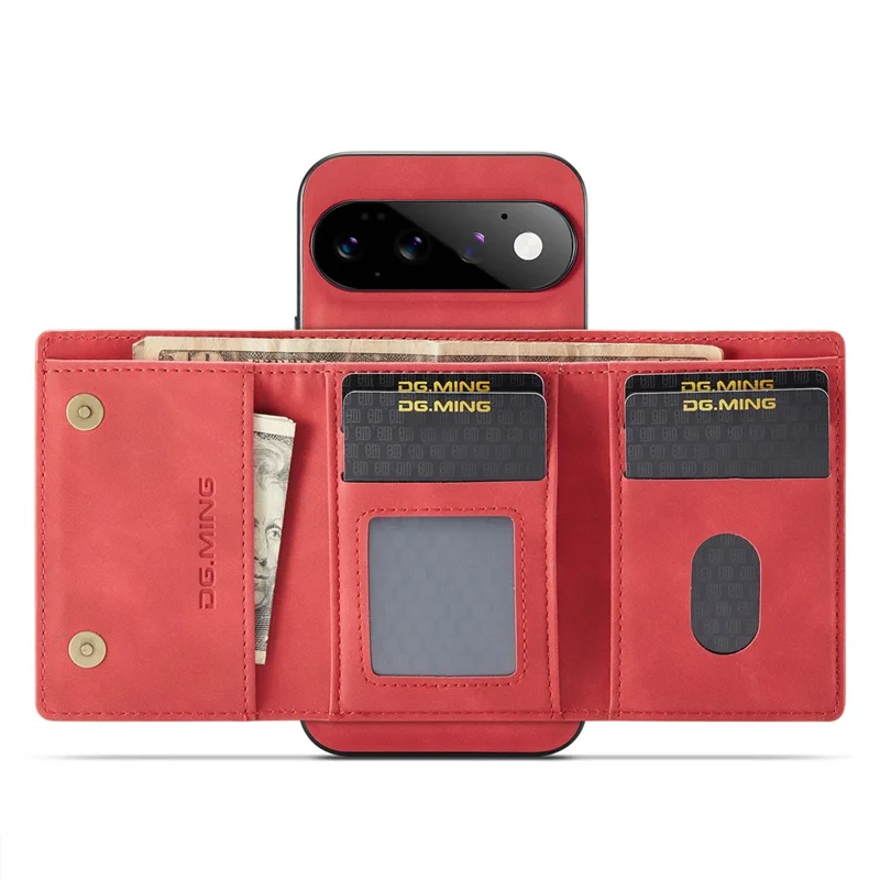 DG.MING M1 Series for Google Pixel 11 Pro Phone Case PU + TPU + PC Back Cover with Magnetic Tri-Fold Wallet Kickstand - Red