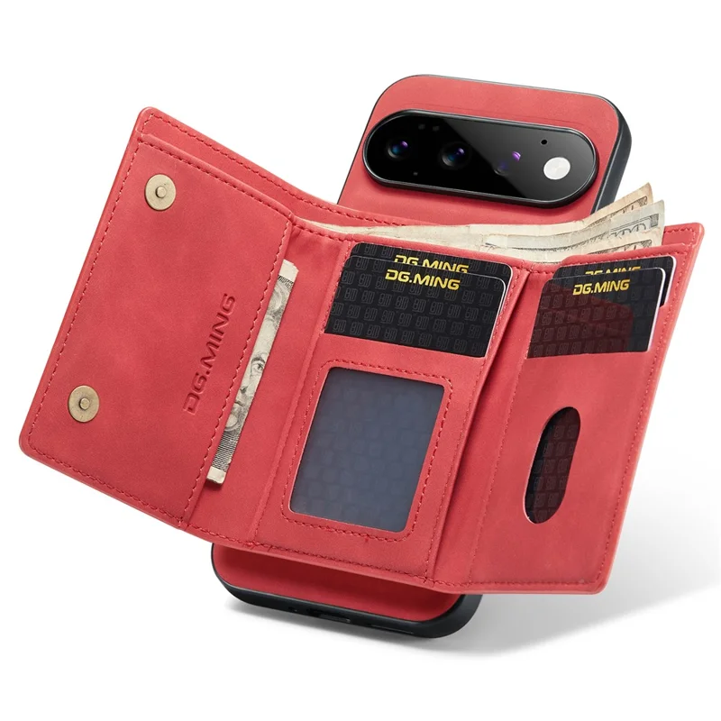 DG.MING M1 Series for Google Pixel 11 Pro Phone Case PU + TPU + PC Back Cover with Magnetic Tri-Fold Wallet Kickstand - Red