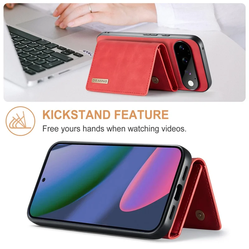 DG.MING M1 Series for Google Pixel 11 Pro Phone Case PU + TPU + PC Back Cover with Magnetic Tri-Fold Wallet Kickstand - Red