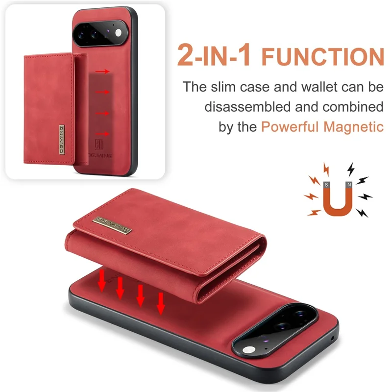 DG.MING M1 Series for Google Pixel 11 Pro Phone Case PU + TPU + PC Back Cover with Magnetic Tri-Fold Wallet Kickstand - Red