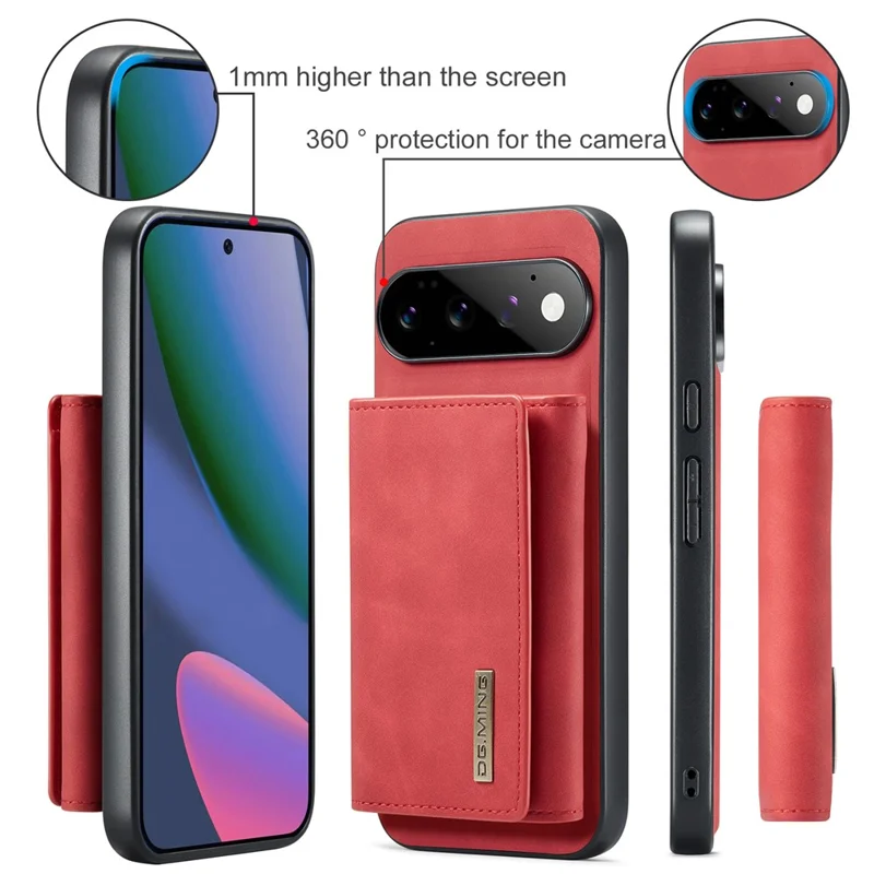 DG.MING M1 Series for Google Pixel 11 Pro Phone Case PU + TPU + PC Back Cover with Magnetic Tri-Fold Wallet Kickstand - Red