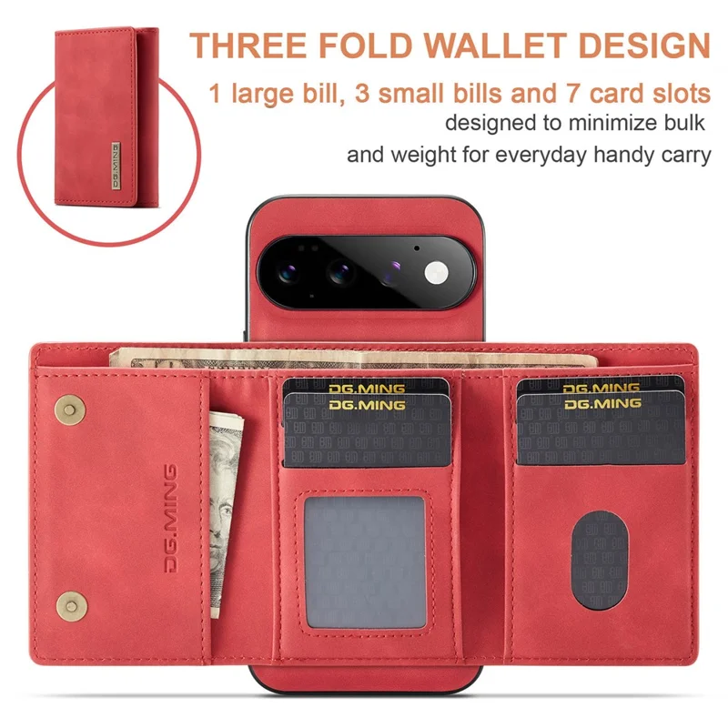 DG.MING M1 Series for Google Pixel 11 Pro Phone Case PU + TPU + PC Back Cover with Magnetic Tri-Fold Wallet Kickstand - Red