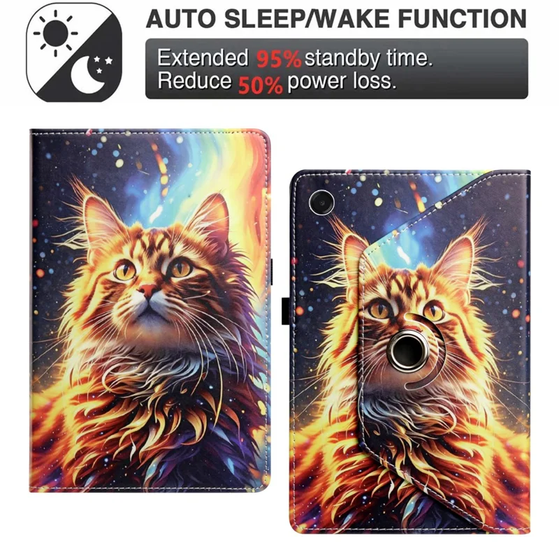 For Samsung Galaxy Tab A11  /  Galaxy Tab A9 Case Rotation Stand Pattern PU Leather + TPU Tablet Cover - Painted Cat
