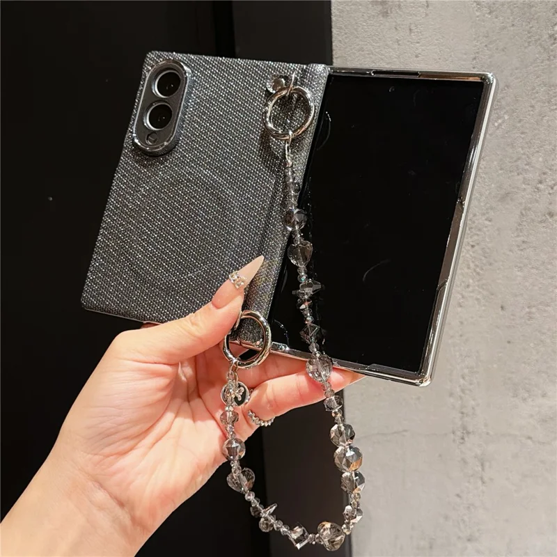 For Samsung Galaxy Z Fold8 Magnetic Case Pearlescent Glitter Shockproof PC Phone Cover with Beaded Chain - Black