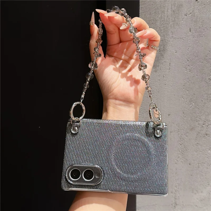 For Samsung Galaxy Z Fold8 Magnetic Case Pearlescent Glitter Shockproof PC Phone Cover with Beaded Chain - Black