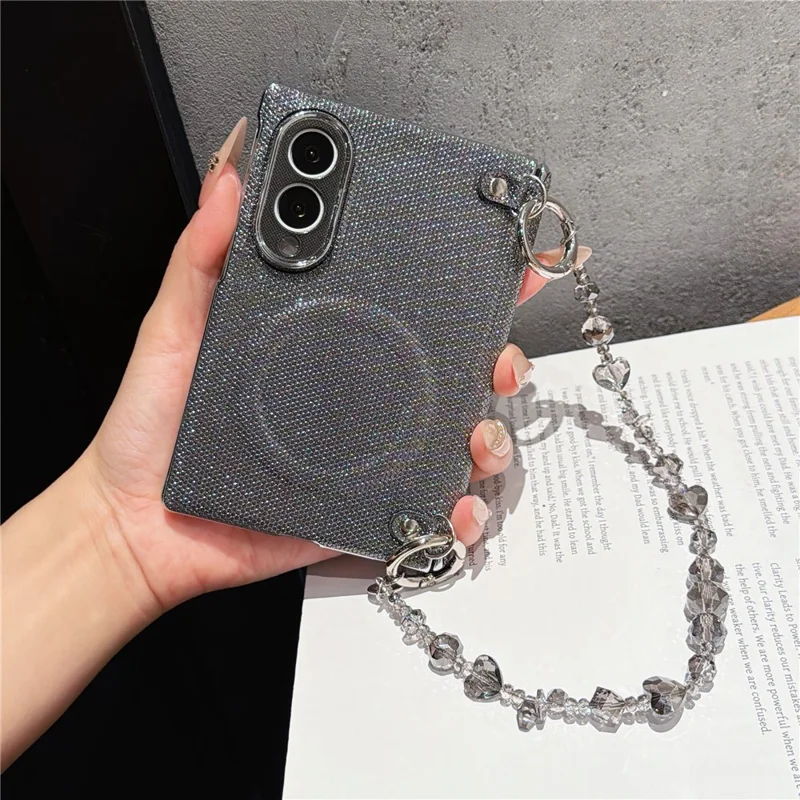 For Samsung Galaxy Z Fold8 Magnetic Case Pearlescent Glitter Shockproof PC Phone Cover with Beaded Chain - Black