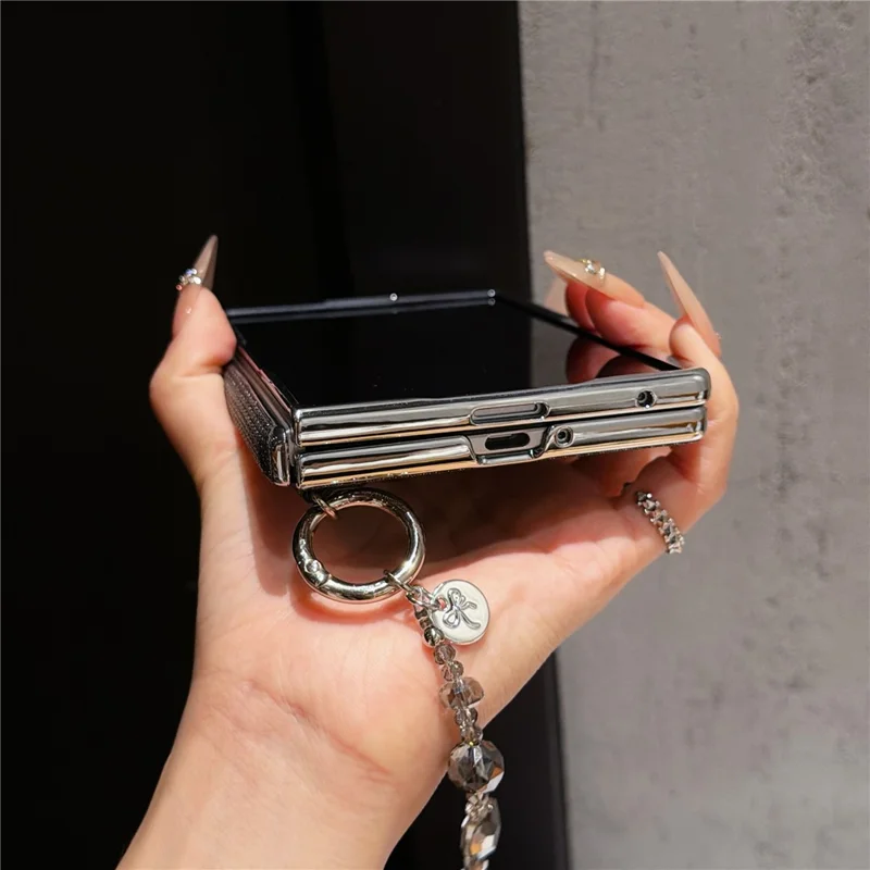 For Samsung Galaxy Z Fold8 Magnetic Case Pearlescent Glitter Shockproof PC Phone Cover with Beaded Chain - Black