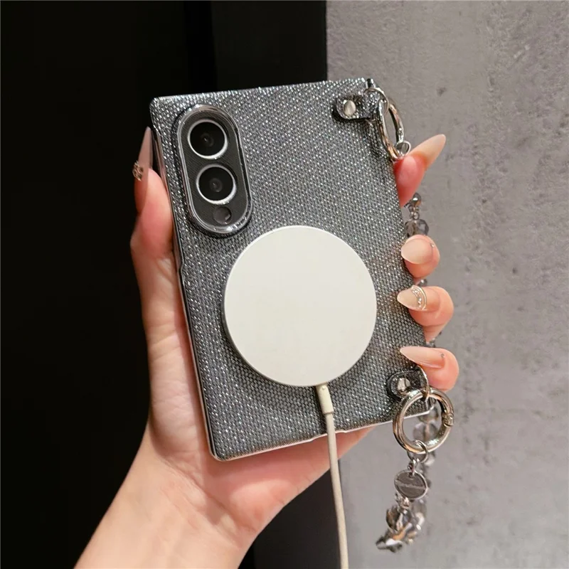 For Samsung Galaxy Z Fold8 Magnetic Case Pearlescent Glitter Shockproof PC Phone Cover with Beaded Chain - Black