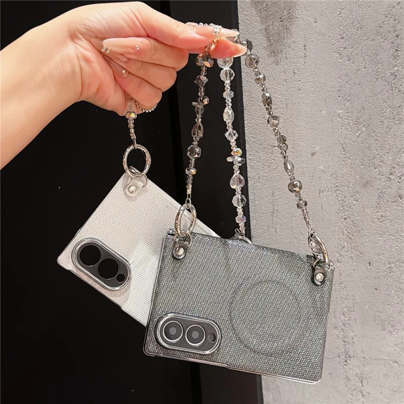 For Samsung Galaxy Z Fold8 Magnetic Case Pearlescent Glitter Shockproof PC Phone Cover with Beaded Chain - Black